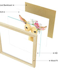 Exploded view of framed woodland nursery wall decor 10x10 inch showcasing wood frame, HD glass, picture, and wood backboard.