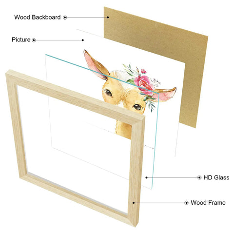 Exploded view of framed woodland nursery wall decor 10x10 inch showcasing wood frame, HD glass, picture, and wood backboard.