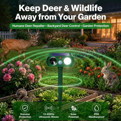 Solar Ultrasonic Animal Repellent 4 Pack With Motion Sensor And Flashlight IP65 Waterproof Outdoor Yard Deterrents For Deer Rabbits Raccoons And Cats No Go Zone Keeps Critters Away in garden