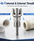 Real Deal Three Piece PVC Pipe Threader Kit With Internal And External Thread Cutter For 1/2 3/4 1 Inch Plastic Pipes Drill Ready No Sweat Plumbing Tools, showing internal and external threading tool with PVC pipe.