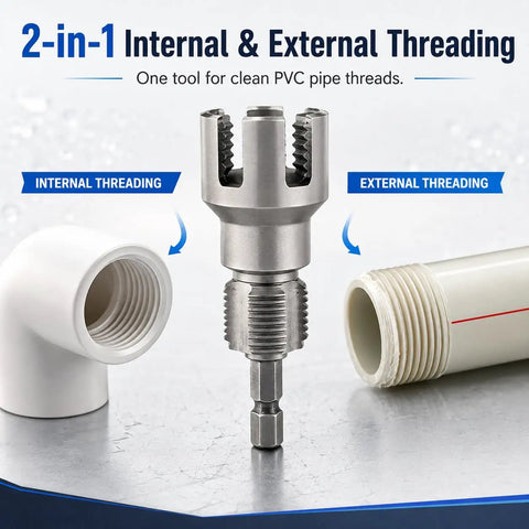 Real Deal Three Piece PVC Pipe Threader Kit With Internal And External Thread Cutter For 1/2 3/4 1 Inch Plastic Pipes Drill Ready No Sweat Plumbing Tools, showing internal and external threading tool with PVC pipe.