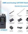 Dual Band DMR Handheld Radio AT-D168UV with antennas, two batteries, charger, cable, and operating manual layout