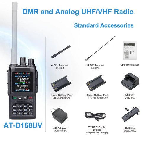 Dual Band DMR Handheld Radio AT-D168UV with antennas, two batteries, charger, cable, and operating manual layout