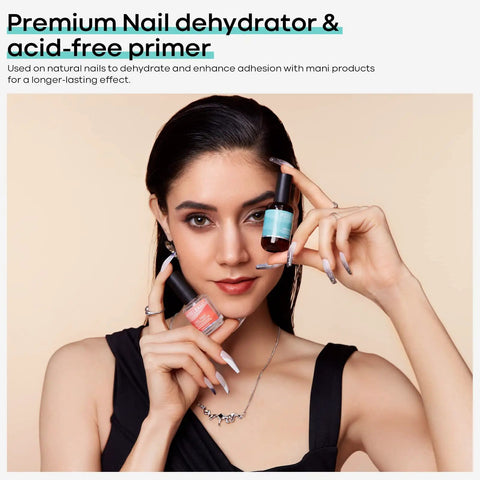 Woman holding 15 Ml Nail Dehydrator And Primer Kit For Nails Acid Free Base Coat Natural Prep Dehydrate And Bond Primer