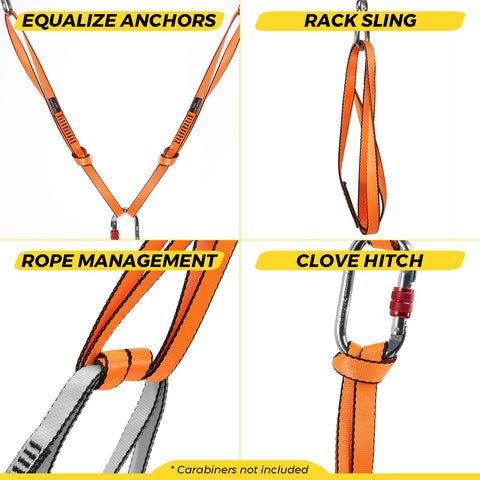 Heavy Duty 18mm Nylon Climbing Sling Runner 23kN CE2008 EN566 Rated For Rock Climbing Mountaineering Rappelling Swing And Yoga Hammock Gray 30cm 12inch Pack Of 2 used in various setups, shown in orange demonstrating equalizing anchors, rack sling, rope management, and clove hitch techniques.