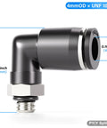 Male Elbow Push To Connect Fittings 4mm Tube OD X 10-32 Thread 90 Degree Pneumatic Adapters, detailed dimensions