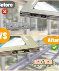 Comparison of old and new Heavy-Duty Sliding Glass Door Rollers Kit With Ball Bearings For Smooth Movement Zinc Plated Iron Patio Rollers Replacement Universal Fit For Wood Vinyl Aluminum Frames Includes 1-1/4 Inch Steel Wheels 2 Pack installed in door frame.