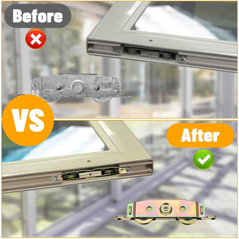 Comparison of old and new Heavy-Duty Sliding Glass Door Rollers Kit With Ball Bearings For Smooth Movement Zinc Plated Iron Patio Rollers Replacement Universal Fit For Wood Vinyl Aluminum Frames Includes 1-1/4 Inch Steel Wheels 2 Pack installed in door frame.