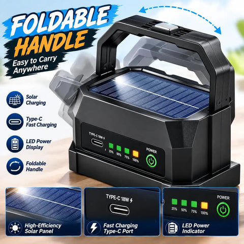 Rechargeable Camping Solar Light with foldable handle, LED power display, Type-C port for solar charging, portable design.