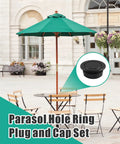 Outdoor scene with patio table under green umbrella, inset showing Two Pack Thicker Patio Table Umbrella Hole Ring Plug Caps Outdoor Parasol Hole Covers Inserts Stabilize Wind Prevent Scratches And Table Swing Fits Two Inch Holes Durable Backyard Table Accessory.