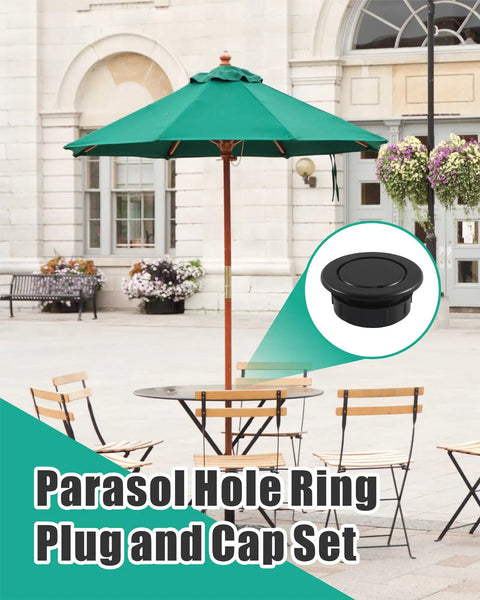 Outdoor scene with patio table under green umbrella, inset showing Two Pack Thicker Patio Table Umbrella Hole Ring Plug Caps Outdoor Parasol Hole Covers Inserts Stabilize Wind Prevent Scratches And Table Swing Fits Two Inch Holes Durable Backyard Table Accessory.