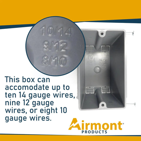 Grey Plastic Electrical Box 1-Gang New Work Junction Box With Captive Nails, wire gauge capacity detail shown