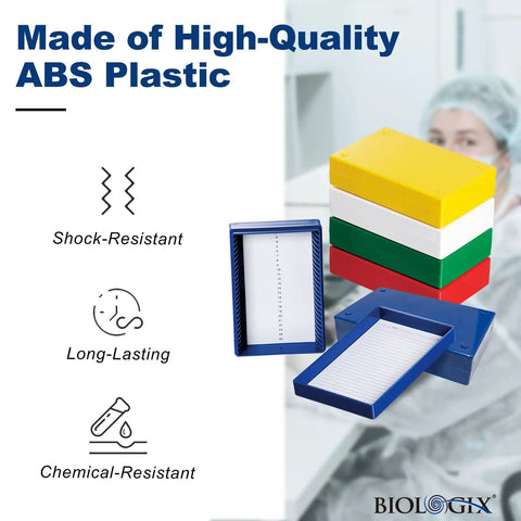 Top Tier Microscope Slide Storage Box With Heavy Duty Foam Liner Keeps Twenty Five Glass Slides Secure And Scratch Free Pack Of Five No Fuss Lab Organizer Case For Education Labs And Science Crews Now, showing colorful ABS plastic containers.