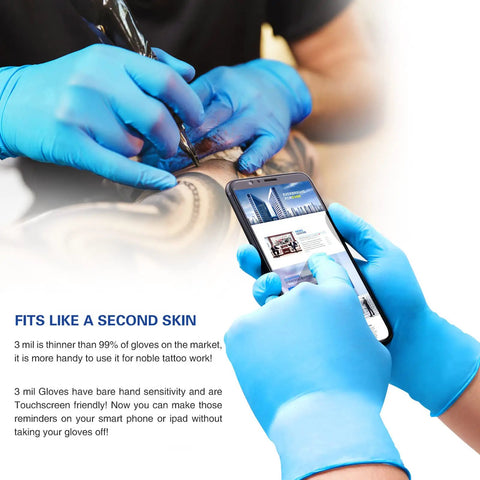 Heavy Duty Nitrile Disposable Exam Gloves Medium Powder Free Latex Free 4 Mil 100 Count Non Sterile shown being used with phone