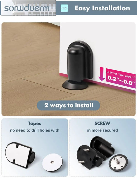 Matte Black Magnetic Door Stopper Holds Interior Doors Firmly Open Heavy Duty Floor Mounted Catch with Screw or Adhesive Install showcasing easy installation options.