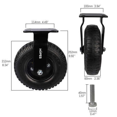 Built Tough 8 Inch Heavy Duty Pneumatic Casters Set Of Four With Two Swivel And Two Rigid Wheels showing measurements and details.