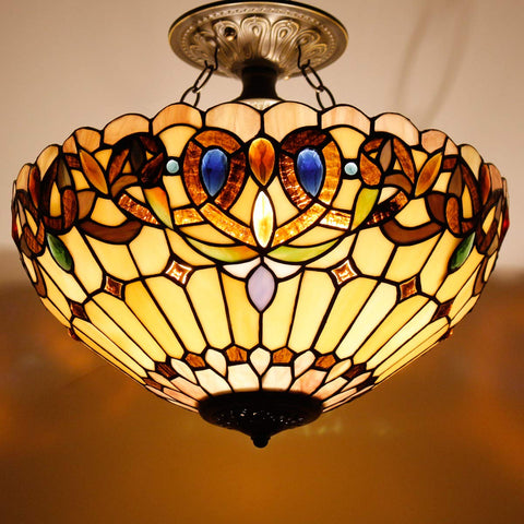 Tiffany Style Ceiling Light Fixture With Victorian Stained Glass Look Semi Flush Mount Lamp 16 Inch Shade, illuminated view