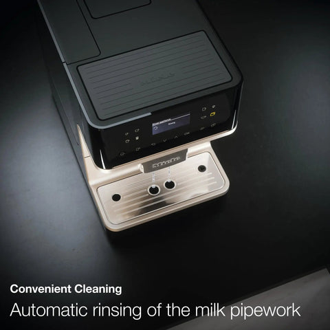 Sleek Fully Automatic Coffee And Espresso Machine With Silent Steel Grinding Chamber For Killer Cup Creations And Rich Silky Milk Foam For Serious Home Baristas, digital display and automatic rinsing feature.