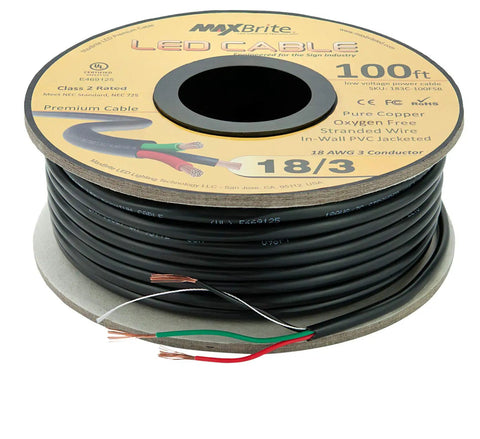100 Ft 18AWG Low Voltage LED Cable 3 Conductor Black Jacket In Wall Speaker Wire UL Class 2 Certified on spool