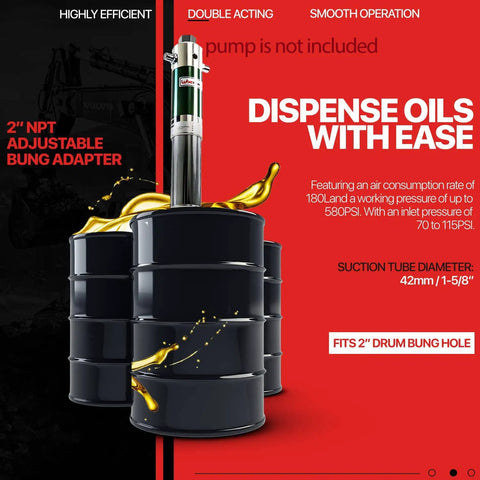 2" NPT adjustable bung adapter for oil drums with "Beefy Heavy Duty Oil Transfer Pump Extension Tube 30 Inch Shaft 42 Millimeter Diameter For Air Powered Pneumatic Pumps Ideal For Motor Oil Synthetic Hydraulic Gear Oil Transmission And Anti Freeze Fluids"