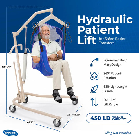 Lightweight Hydraulic Patient Lift Built Tough Yet Easy On The Hands With A Steady 450 Lb Capacity and Smooth Bent Mast for Safer Floor To Bed Transfers Plus Padded Swivel Seat