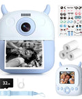 Kids Camera Instant Print 1080P Video 2.4 Inch Screen Selfie Digital Camera For Ages 3 To 12 Instant Black And White Photos Plus Color Save On SD Card Blue Gift For Boys And Girls, blue horn design with 32GB SD card