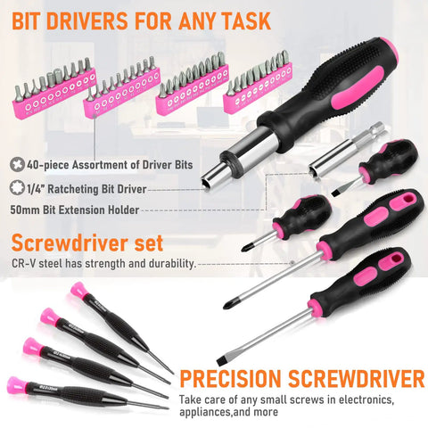 Pink 207 Piece Womens Tool Set With Portable 13 Inch Wide Mouth Tool Bag For DIY Home Repair screwdrivers and driver bits