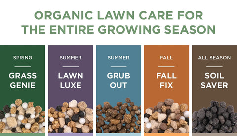 Illustration of organic lawn care products for spring, summer, fall, and all season, showcasing different fertilizer types.