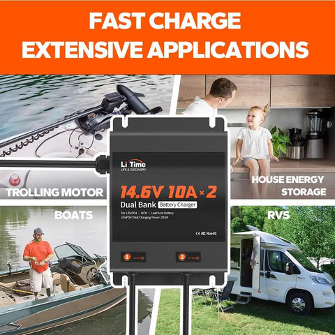 Heavy-Duty Dual 10A 2-Bank Smart Battery Charger For LiFePO4 And Lead Acid Batteries, 14.6V Output, 90-260V AC Input, Fuse Protected, LED Indicator, Built For RVs, Boats, Motorcycles, Lawn Mowers, Trolling Motors
