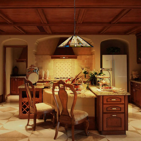 Tiffany Style Stained Glass Pendant Light Fixture, 16 Inch Wide Hanging Lamp With Two Lights in elegant kitchen setting