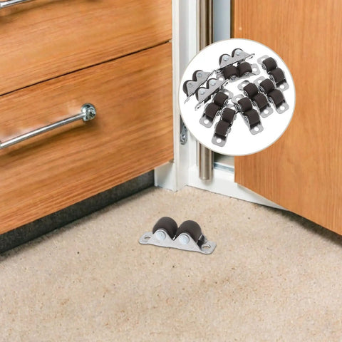 10 Pack Heavy Duty Mini Furniture Casters That Roll Like A Dream With Silent TPE Pads For Tool Benches Cabinet Drawers And Office Desks Quick Bolt Install, showing a close-up of rigid black casters mounted on furniture.