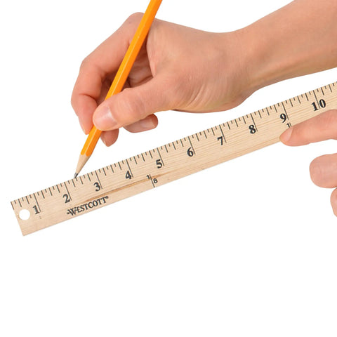 Hand using Go To 36 Inch Wood Yardstick With Dual Sided Scales And Clear Lacquer Finish One And One Eighth Inch Wide for measuring