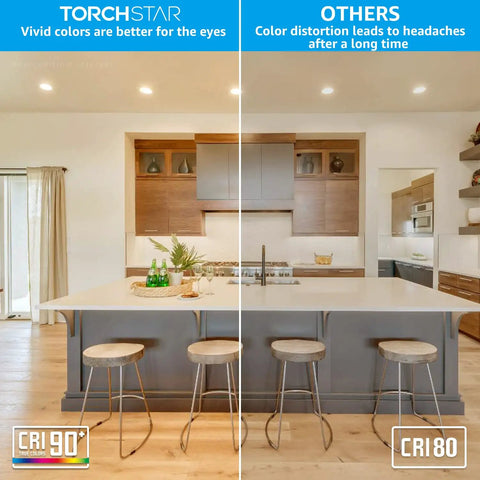 Comparison of room lighting with 8W Equivalent PAR30 LED Bulbs 75W Replacement CRI 90 Plus and standard bulbs