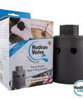 Livestock Tank Valve With Nylon Resin Black Finish Easy Install next to packaging showing usage