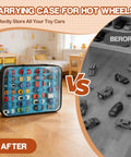 Double Sided 56 Slot Car Storage Case With Foldable Play Mat for 1 64 Scale Diecast Cars on a table, colorful cars inside