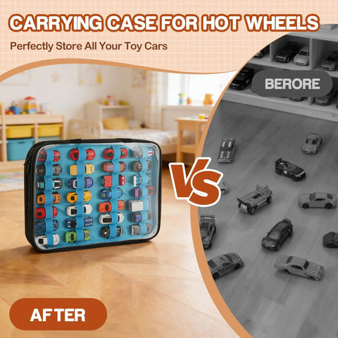 Double Sided 56 Slot Car Storage Case With Foldable Play Mat for 1 64 Scale Diecast Cars on a table, colorful cars inside
