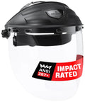 Built Ridiculously Tough Safety Faceshield For Grinding And Cutting With Clear Antifog Polycarbonate Visor Adjustable Headgear ANSI Z87 Certified side view showing impact rating