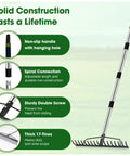 Heavy Duty Garden Rake For Leaves And Grass Care With A 17 Tine Metal Head And Adjustable Stainless Steel Handle, shown upright.