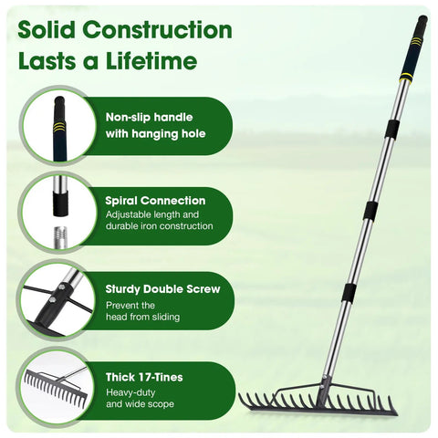 Heavy Duty Garden Rake For Leaves And Grass Care With A 17 Tine Metal Head And Adjustable Stainless Steel Handle, shown upright.
