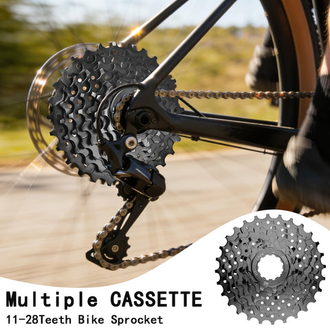 7 Speed Bicycle Cassette 11-28T fits mountain bike road bike folding bike commuter ride, steel nickel plated, on a road bike