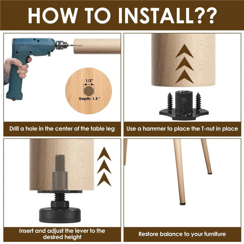 Installation steps for Adjustable Furniture Leg Levelers Set 12 Pieces for tables chairs cabinets sofas desks shown.