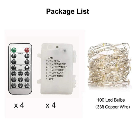 4 Pack 33 Feet 100 Warm White LED Fairy Lights Battery Operated With Remote Control Timer IP67 Waterproof Silver Copper Wire Twinkle Lights Package
