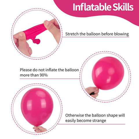 Instruction guide showing how to use the Hot Pink Balloon Set For Girls Birthday Parties And Baby Showers 65 Pieces Includes 12 Inch Hot Pink Balloons Pink Balloons Confetti Balloons And 32 Feet Of Ribbons For Princess Theme Decor.