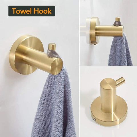 Wall mounted towel hook from All-In-One Bathroom Accessories Set With Adjustable 16 To 26 Inch Towel Bar, Stainless Steel Brushed Gold