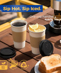 Leak Proof 16 Oz Disposable Coffee Cups With Lids Sleeves holding hot and iced beverages on outdoor table with coffee maker.