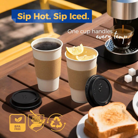 Leak Proof 16 Oz Disposable Coffee Cups With Lids Sleeves holding hot and iced beverages on outdoor table with coffee maker.