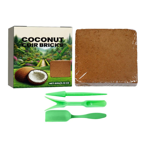 PH Balanced Potting Soil For Indoor And Outdoor Plants With Moisture Control and Aerated Texture, coir brick and tools shown