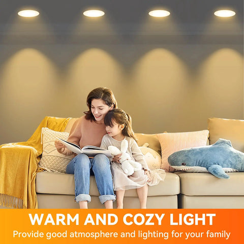 12 Pack Br30 Flood Light Bulbs For Indoor Recessed Fixtures Soft White 2700K in a cozy living room setting.
