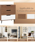 Knockout Rustic Farmhouse Three Drawer Dresser Heavy Duty Wooden Storage Chest in brown and white for bedroom or living room.