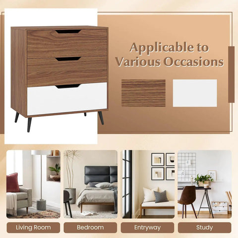 Knockout Rustic Farmhouse Three Drawer Dresser Heavy Duty Wooden Storage Chest in brown and white for bedroom or living room.